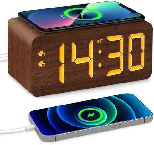 URAYCO Wood Digital Alarm Clock with 10W Wireless Charger and USB Ports