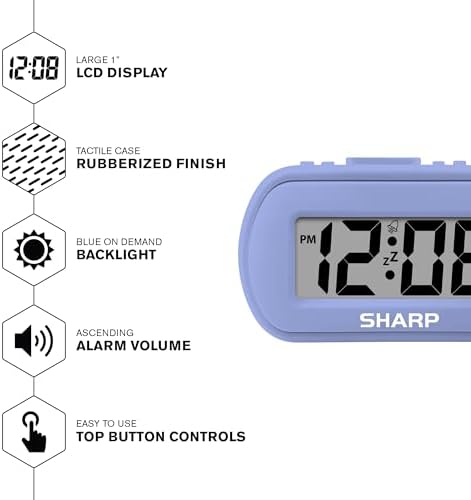 Sharp Digital Alarm Clock with Blue Backlight and Soft Tactile Finish