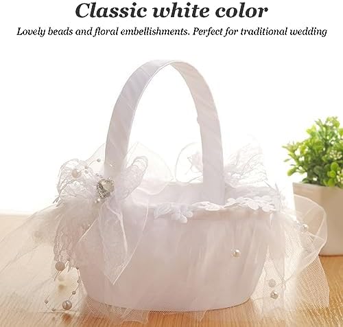 Wedding Flower Girl Basket with White Lace and Rhinestone