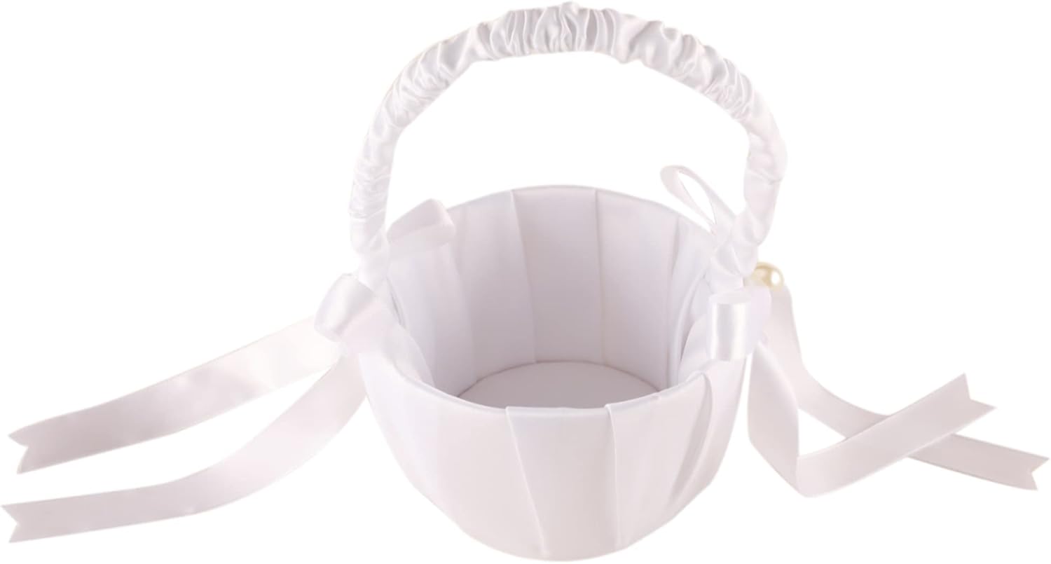 White Satin Imitation Pearls Wedding Flower Girl Basket for 2-6 Years