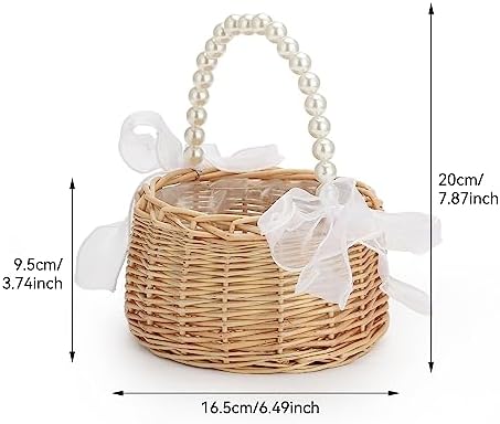 Wicker Rattan Flower Girl Basket with Pearl Handle
