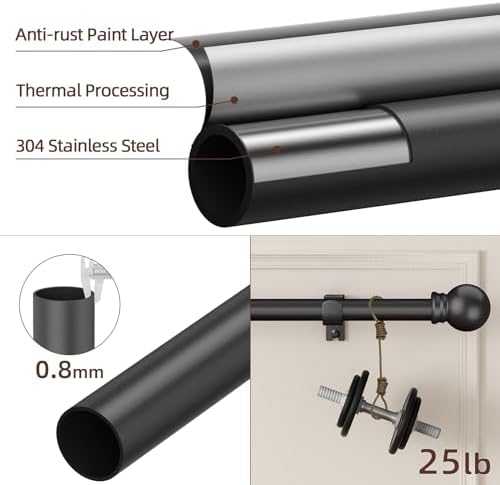 Black Curtain Rods 28-48 Inch 3 Section Set with Brackets