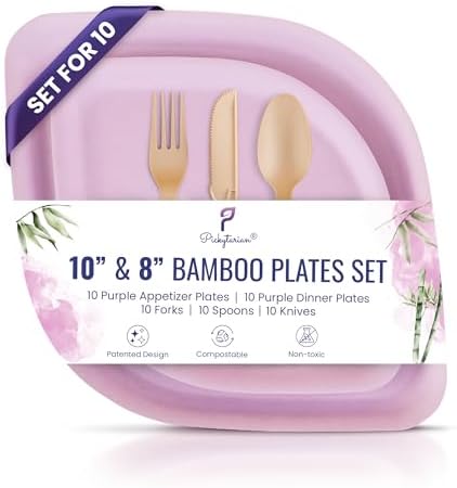 Fancy Purple Disposable Plates 50pcs Bamboo Set for Parties