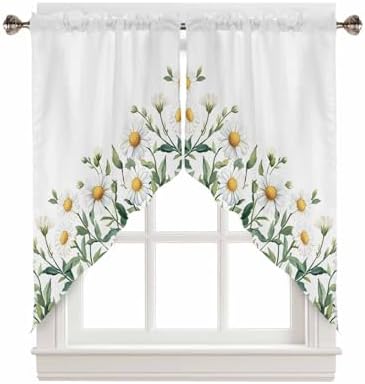 Spring White Daisy Valance Curtains Set for Kitchen and Bedroom