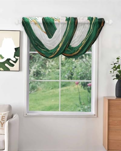 Waterfall Valance Curtains 2 Panels Gold Green Marble Sheer