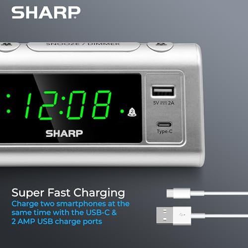 Sharp Alarm Clock with 2 Alarms and USB-C Charging