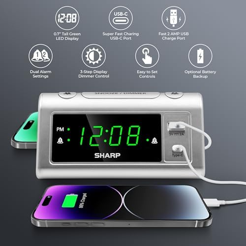 Sharp Alarm Clock with 2 Alarms and USB-C Charging