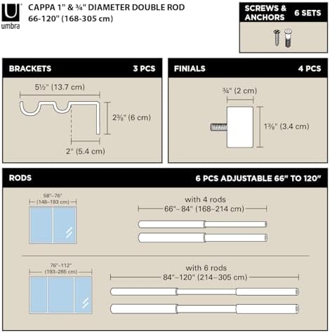 Umbra Cappa Double Curtain Rod with Finials and Hardware 66-120 Inch Nickel