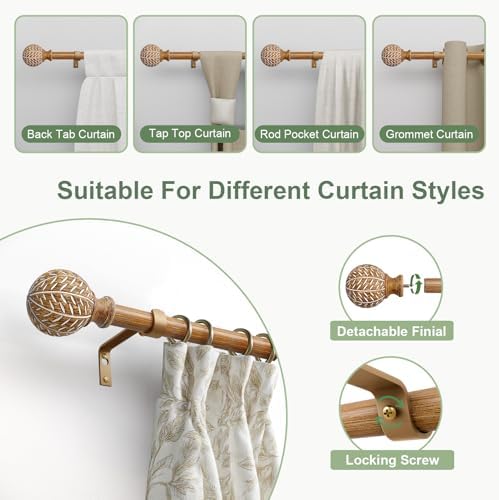 Boho Style Wood Grain Curtain Rod Set 36-88 Inches Natural Wood