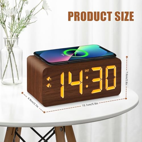URAYCO Wood Digital Alarm Clock with 10W Wireless Charger and USB Ports