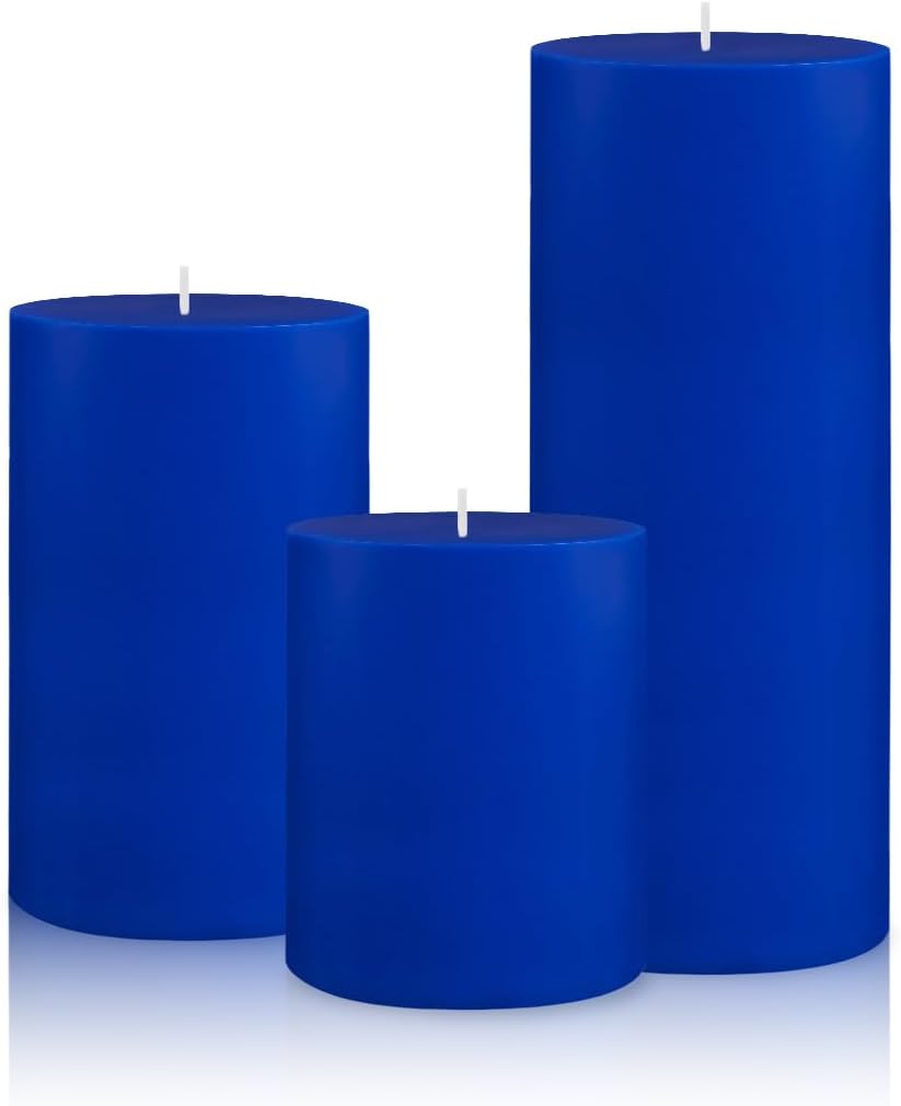 Set of 3 Blue Pillar Candles Dripless Unscented