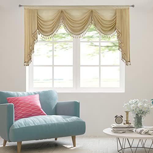 Waterfall Sheer Curtain Valance with Tassels for Bedroom and Living Room