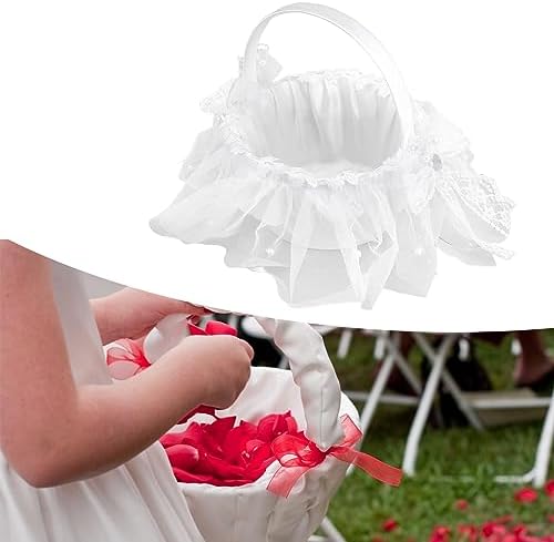 Wedding Flower Girl Basket with White Lace and Rhinestone