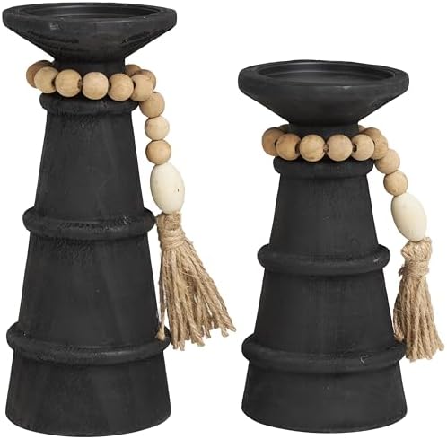 Deco 79 Black Matte Wood Candle Holder Set of 2