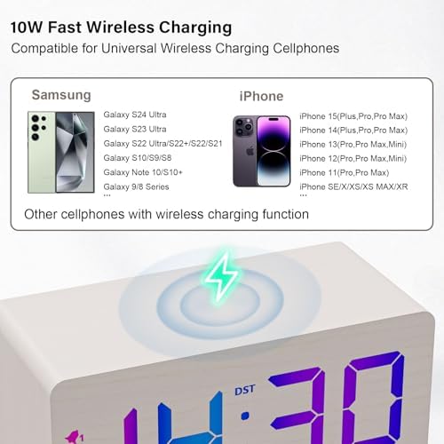 URAYCO Wooden Digital Alarm Clock with RGB Display and Fast Charging
