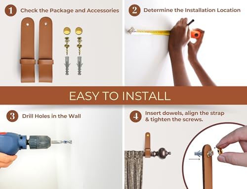 Premium Leather Curtain Rod Holders 2 Pack Light Brown