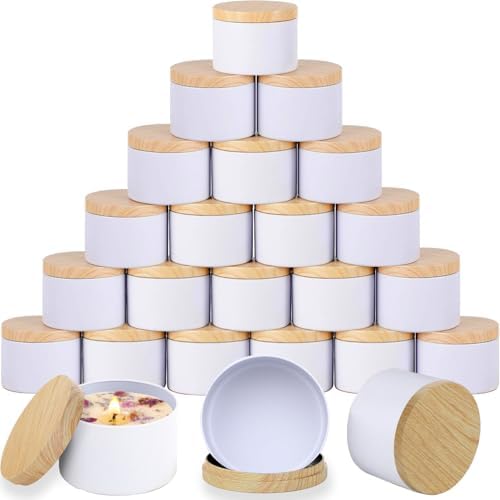 ABK 4oz White Candle Tins 24PCS Matte Metal Jars With Wood Grain Lids