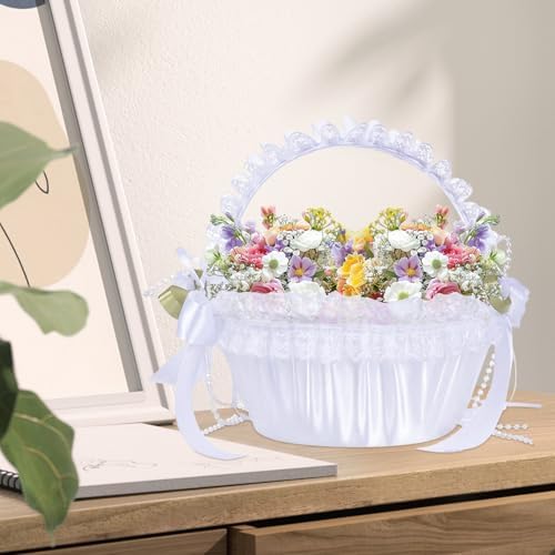 Modern Luxury Ivory Lace and Polyester Flower Girl Basket with Handle