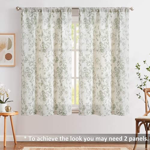 Jinchan Tie Up Valance Floral Linen 54 Inch Sage Green on Beige