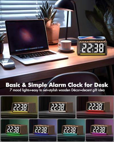 Te-Rich Retro Digital Alarm Clock with Mood Lights and Wireless Charging