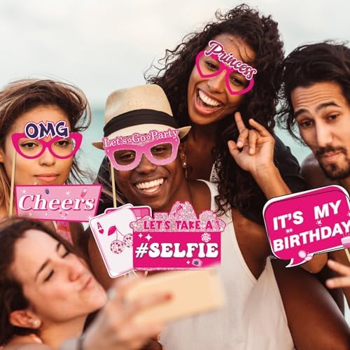 30Pcs Pink Girl Birthday Photo Booth Props with Sticks