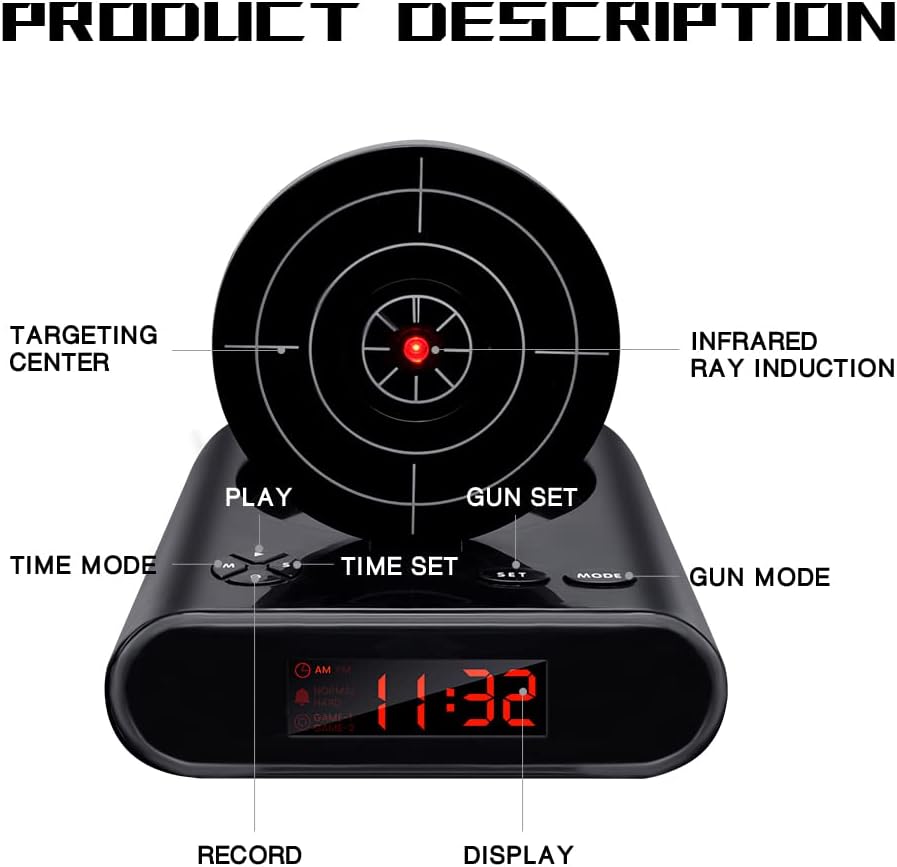EC VISION Gun Alarm Clock with Recording Feature - Black