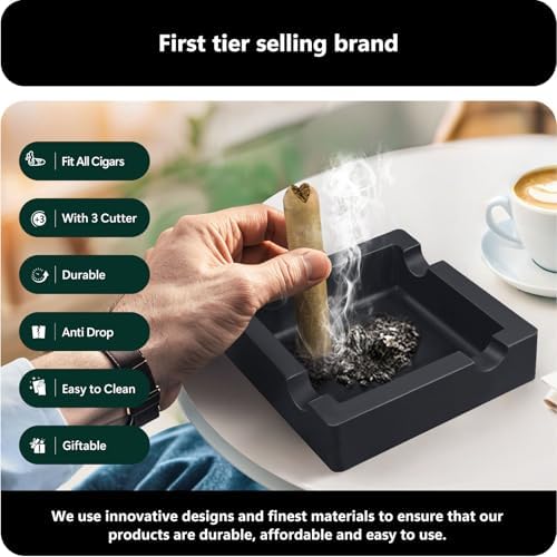 Roygra Cigar Ashtray with 3 Cutters Outdoor Use Black