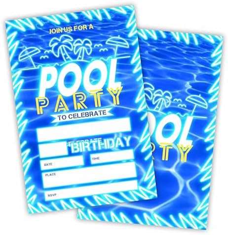 Pool Party Birthday Invitations With Envelopes - Neon Glow Blue Palm Tree Design