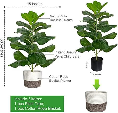 BESAMENATURE Artificial Fiddle Leaf Fig Tree 305 Inch with Cotton Rope Basket