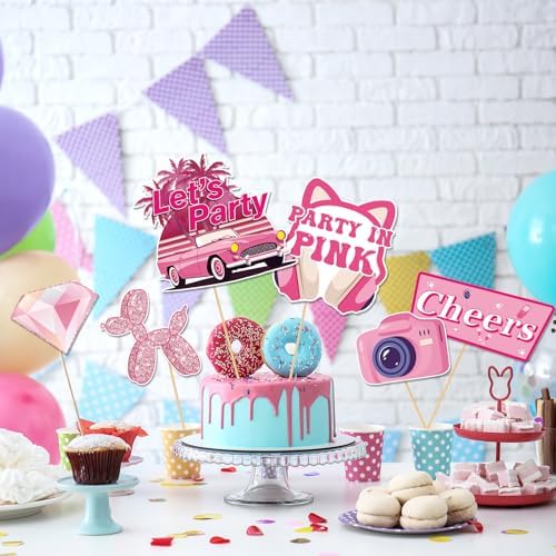 30Pcs Pink Girl Birthday Photo Booth Props with Sticks