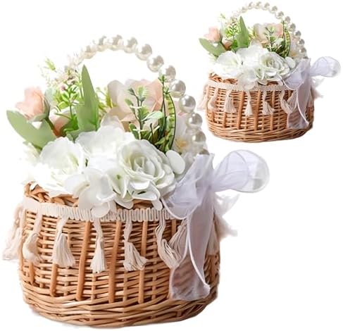 2PCS Wicker Rattan Flower Girl Baskets with Pearl Handle Tassels