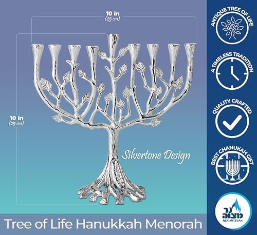 Ner Mitzvah Tree of Life Hanukkah Menorah - Silver Tone Design