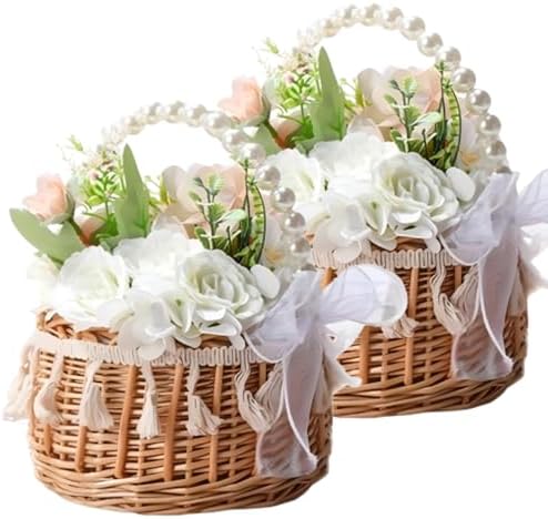 2PCS Wicker Rattan Flower Girl Baskets with Pearl Handle Tassels