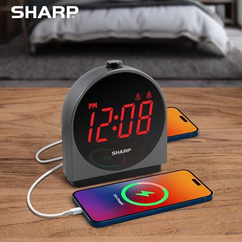 Sharp Dual Alarm Clock with USB Charging and Dimmable Display