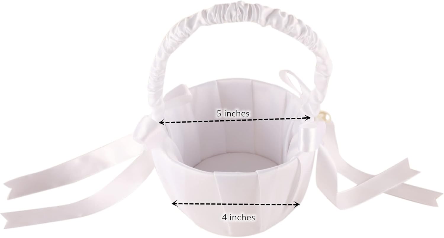 White Satin Imitation Pearls Wedding Flower Girl Basket for 2-6 Years