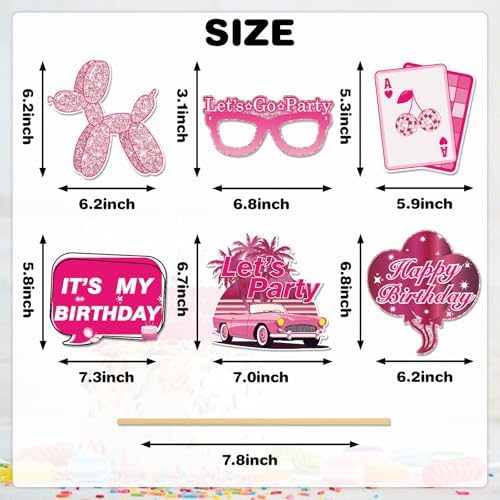30Pcs Pink Girl Birthday Photo Booth Props with Sticks