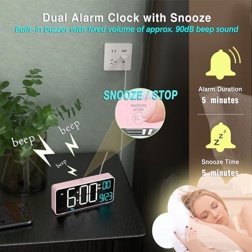 Kosumosu Pink Digital Alarm Clock with Dual Alarms