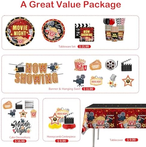 157pcs Movie Night Supplies Set with Plates and Tablecloths