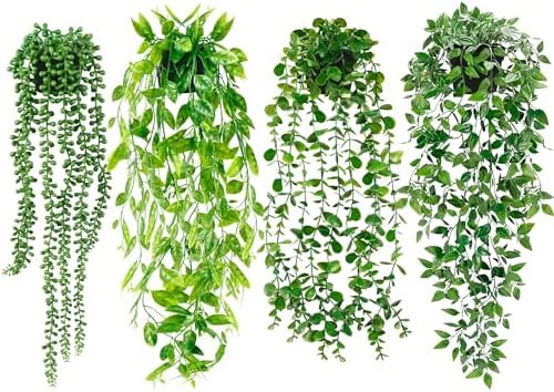 Palonu 4 Pack Artificial Hanging Plants with Black Pots