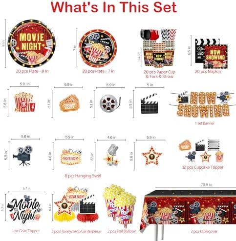 157pcs Movie Night Supplies Set with Plates and Tablecloths