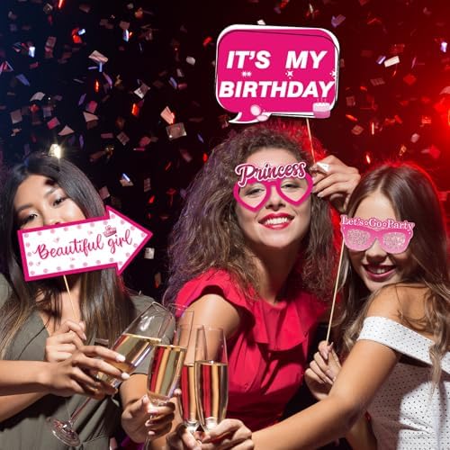 30Pcs Pink Girl Birthday Photo Booth Props with Sticks