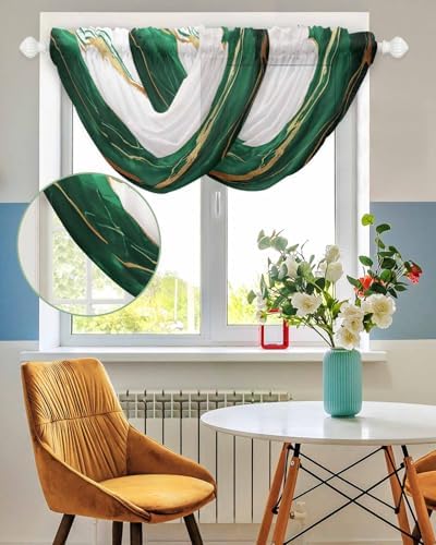 Waterfall Valance Curtains 2 Panels Gold Green Marble Sheer