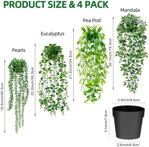 Palonu 4 Pack Artificial Hanging Plants with Black Pots