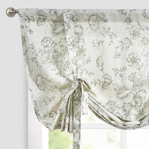 Jinchan Tie Up Valance Floral Linen 54 Inch Sage Green on Beige