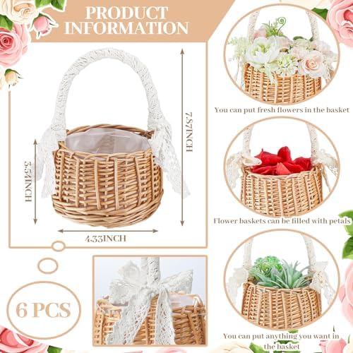 6 Pcs Wedding Flower Girl Baskets with Handle and Ribbon