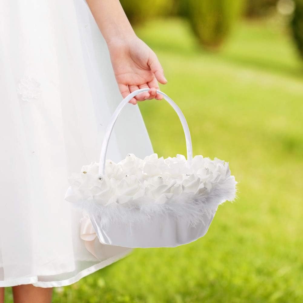 Elegant Wedding Girl Flower Basket with White Satin Decor