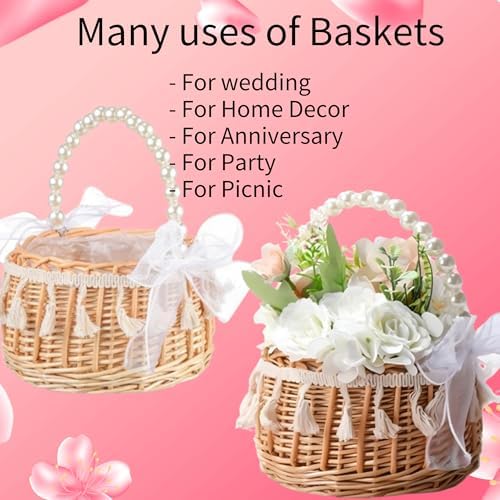 2PCS Wicker Rattan Flower Girl Baskets with Pearl Handle Tassels