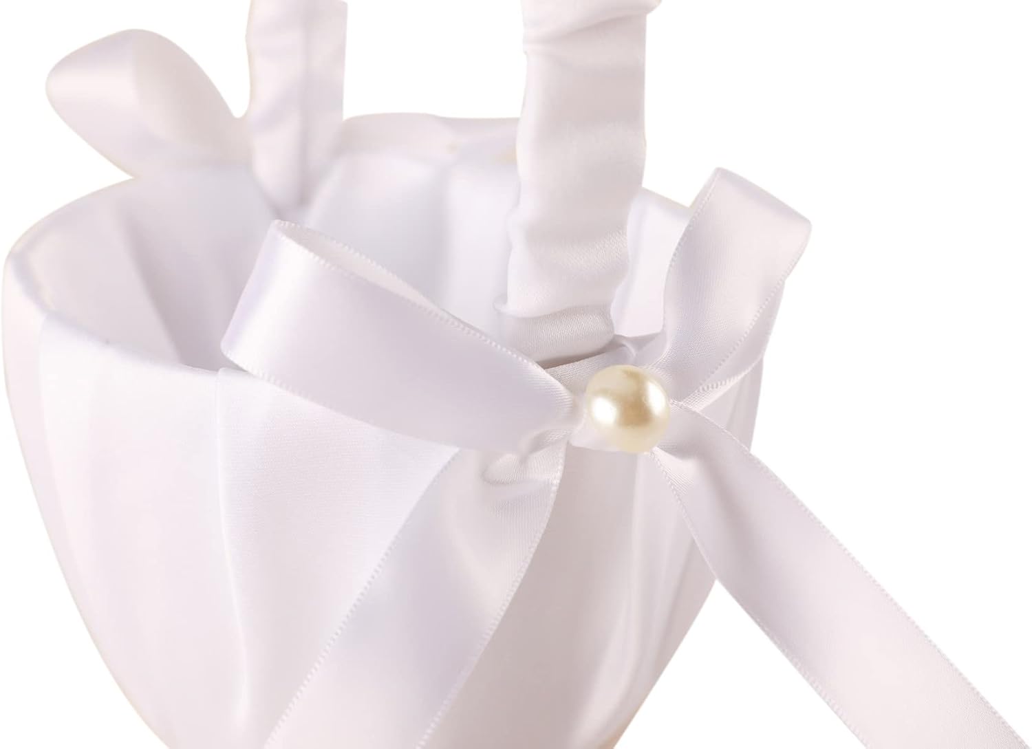 White Satin Imitation Pearls Wedding Flower Girl Basket for 2-6 Years