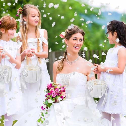 Ivory Flower Girl Basket with Pearl Handle Set