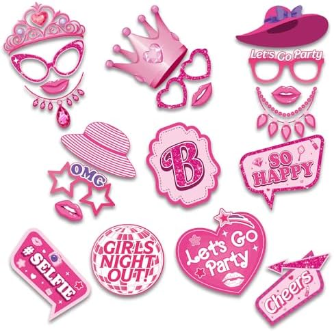 36Pcs Hot Pink Photo Booth Props for Girls Parties